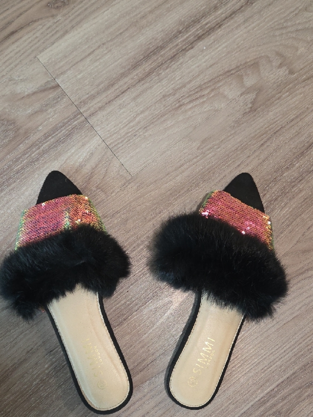 New Black Faux Fur Slide with Rainbow Sequin Strap